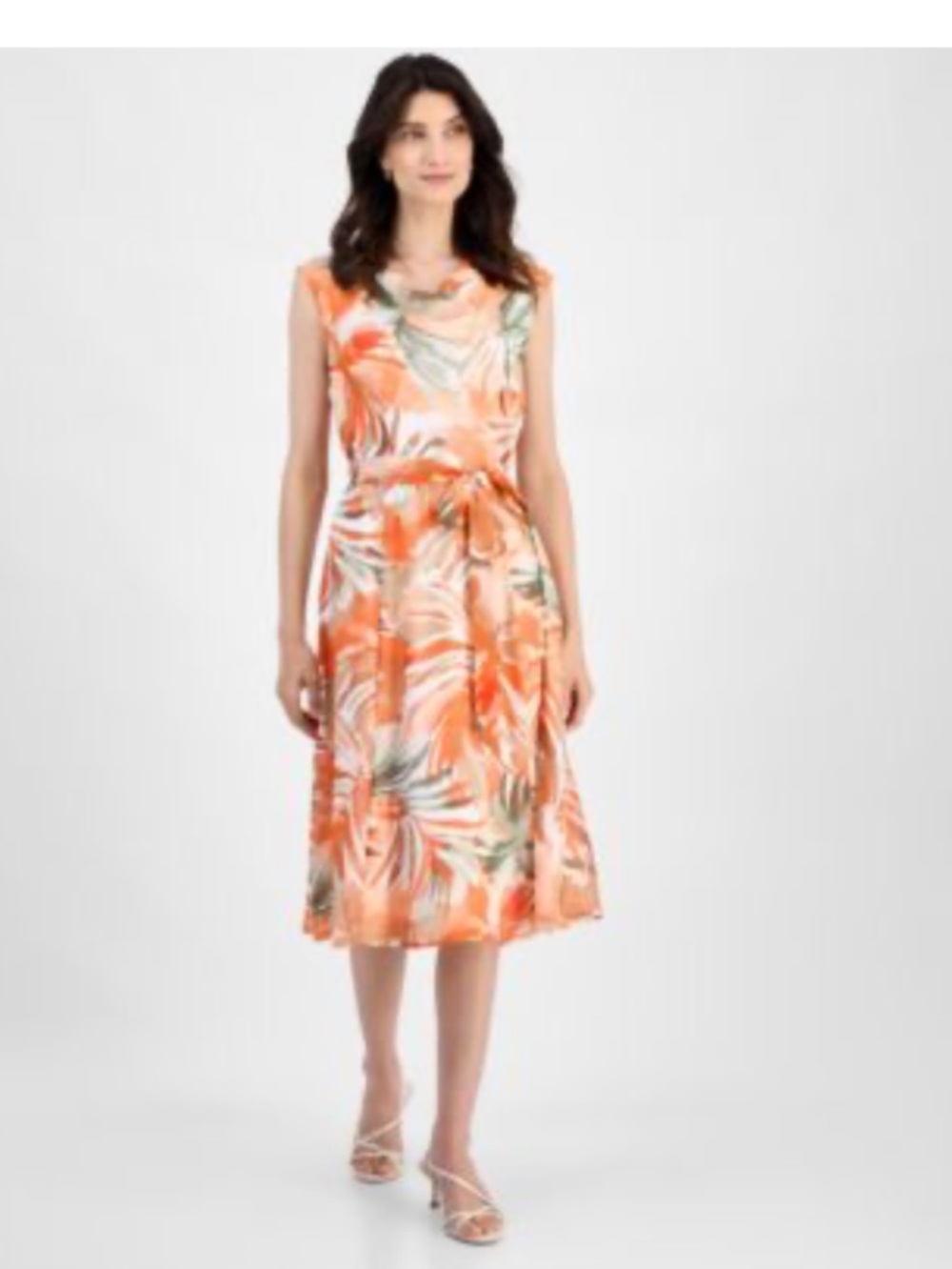 Shelby & Palmer Orange Tropical Print Tie-Waist Midi Dress